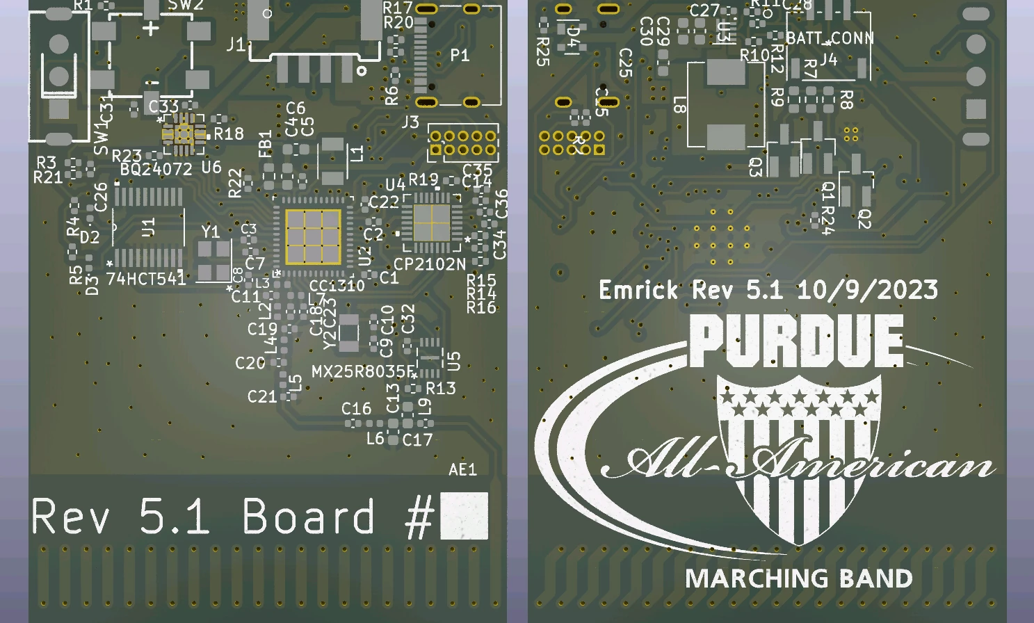 A render of the Emrick rev 5.1 PCB